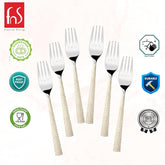 Six stainless steel forks with textured handles and quality badges